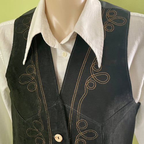 1990s Women's Vintage Black Suede Embroidered Vest Sz S - OOAK - Phoenix Menswear