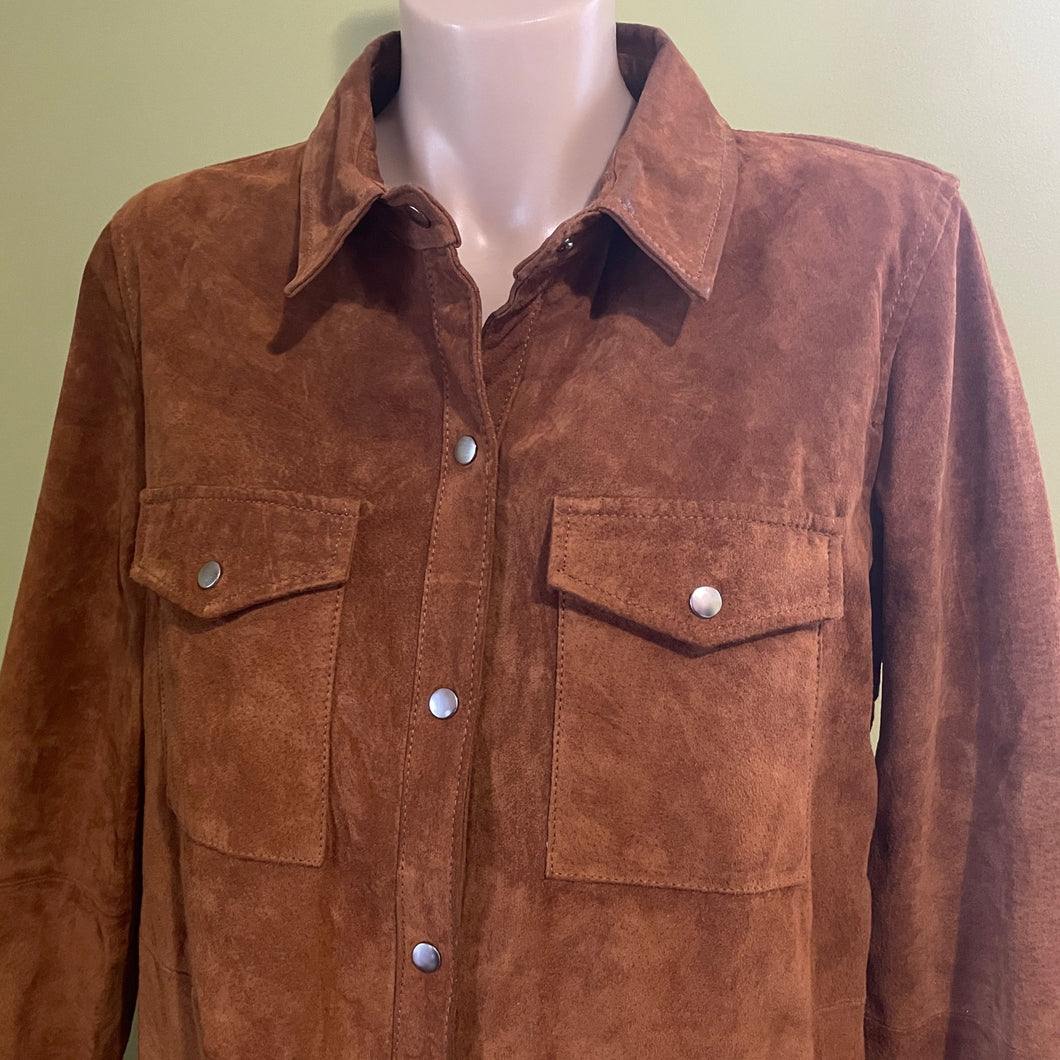 1990's Women's Vintage Tan Suede Shirt Dress Jacket Snaps Fully Lined Sz M - OOAK - Phoenix Menswear