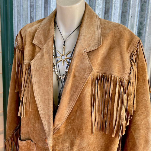 1990's Women's Vintage Western Fringed Tan Suede Jacket Fully Lined Sz S - OOAK - Phoenix Menswear