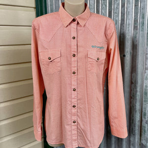 1990s Women's Vintage Wrangler Western Orange White Fine Geometric Design Cotton L/S Shirt Snaps Sz 14 - OOAK - Phoenix Menswear
