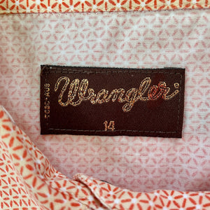 1990s Women's Vintage Wrangler Western Orange White Fine Geometric Design Cotton L/S Shirt Snaps Sz 14 - OOAK - Phoenix Menswear