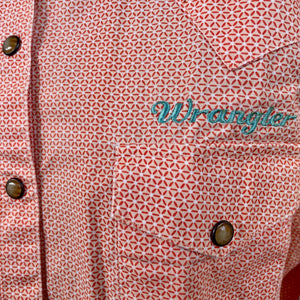 1990s Women's Vintage Wrangler Western Orange White Fine Geometric Design Cotton L/S Shirt Snaps Sz 14 - OOAK - Phoenix Menswear