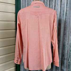 1990s Women's Vintage Wrangler Western Orange White Fine Geometric Design Cotton L/S Shirt Snaps Sz 14 - OOAK - Phoenix Menswear