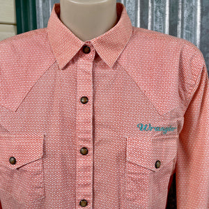 1990s Women's Vintage Wrangler Western Orange White Fine Geometric Design Cotton L/S Shirt Snaps Sz 14 - OOAK - Phoenix Menswear