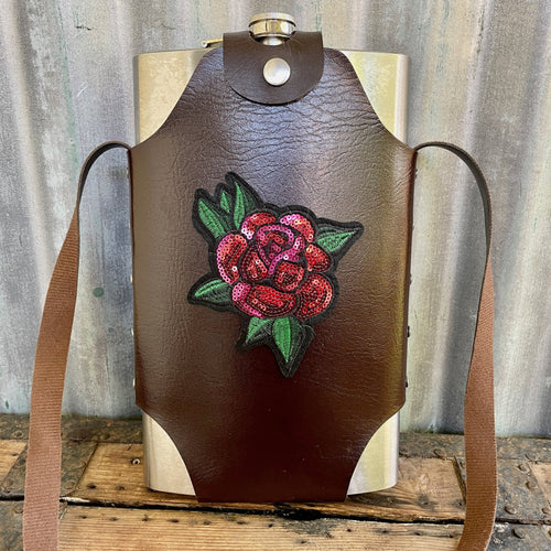 64oz Extra Large Hip Flask with Case and Strap Sequined Red Rose Embellishment Stainless Steel - Phoenix Menswear