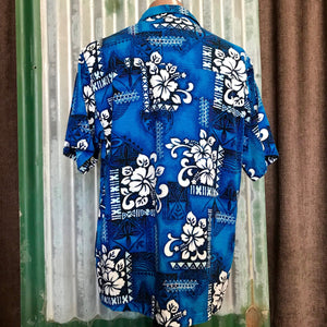 1980's Vintage Barkcloth Hawaiian S/S Shirt Blue Sz L - OOAK - Phoenix Menswear