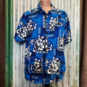 1980's Vintage Barkcloth Hawaiian S/S Shirt Blue Sz L - OOAK - Phoenix Menswear