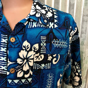 1980's Vintage Barkcloth Hawaiian S/S Shirt Blue Sz L - OOAK - Phoenix Menswear