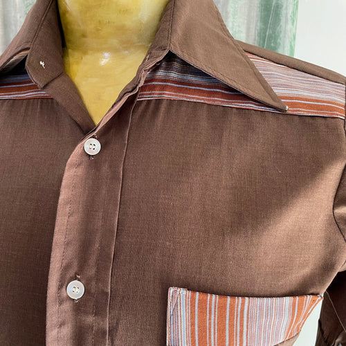 1970/80's Vintage S/S Shirt Brown and Stripe Sz S - OOAK - Phoenix Menswear