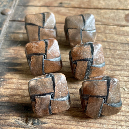 1930's Handmade Leather Buttons Set of 6 Small Square Brown Vintage Unique 2 cm-3/4 inch - OOAK - Phoenix Menswear