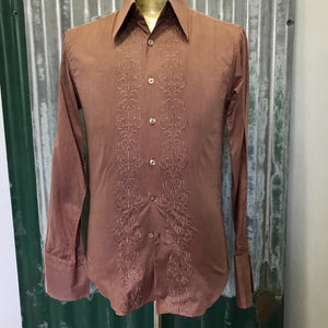 1970's Vintage Deadstock Cotton L/S Brown Shirt floral Embroidery Sz S - OOAK - Phoenix Menswear