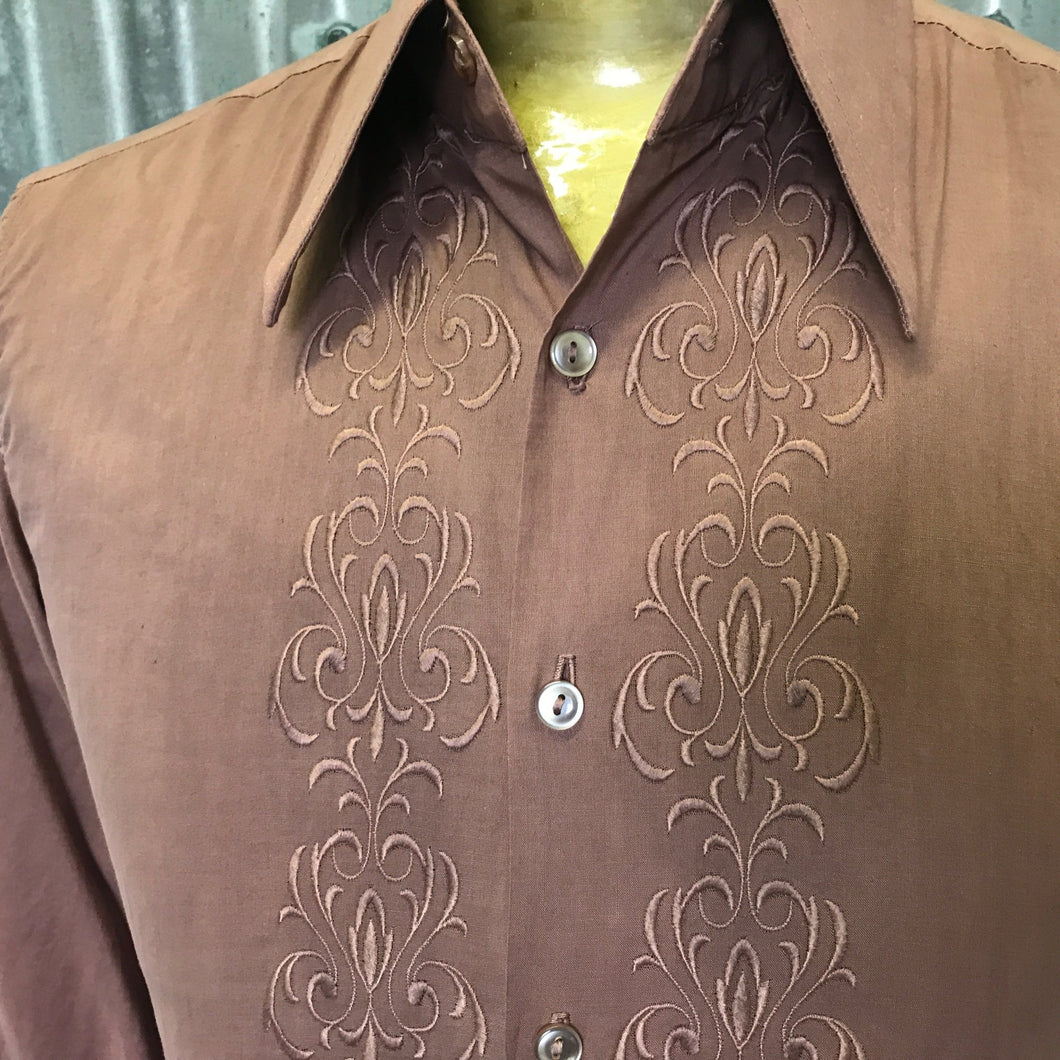 1970's Vintage Deadstock Cotton L/S Brown Shirt floral Embroidery