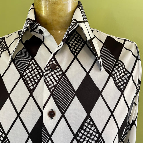 1970s Classic Vintage L/S Shirt Black White Geometric Design Sz M - OOAK - Phoenix Menswear