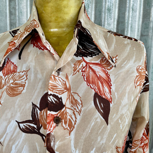 1970's Vintage Shirt Cream Brown Orange Floral Pattern Knit L/S Sz S - OOAK - Phoenix Menswear