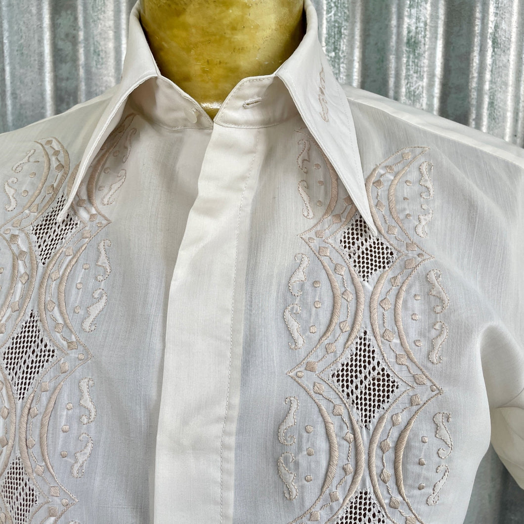 1970's Vintage Cream Embroidered Shirt S/S Sz S - OOAK - Phoenix Menswear