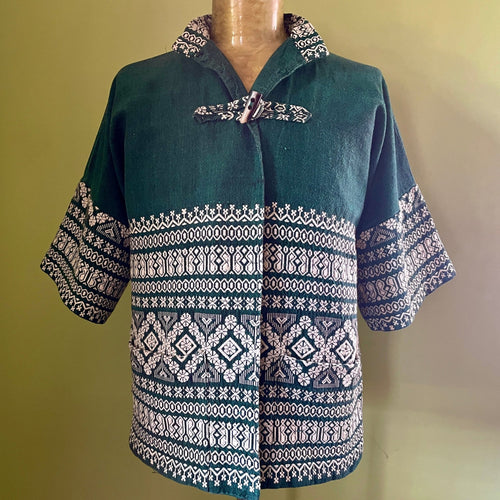1970's Vintage Green White Handmade Embroidered Guatemalan Jacket Pockets Cotton Sz M - OOAK - Phoenix Menswear