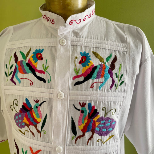 1970's Vintage White Handmade Embroidered Guatemalan S/S Shirt 2 Pockets Cotton Sz XL - OOAK - Phoenix Menswear