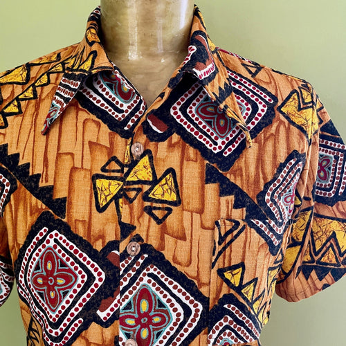 1970's Hawaiian Bark Cloth S/S Shirt Orange Abstract Design Sz M - OOAK - Phoenix Menswear