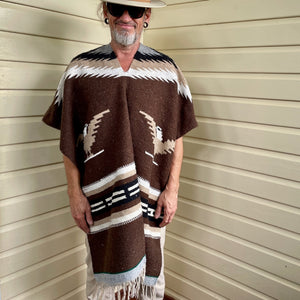 1970's Vintage Handmade Unisex Wool Poncho Black Brown Tan Aztec Eagle One Size - OOAK - Phoenix Menswear