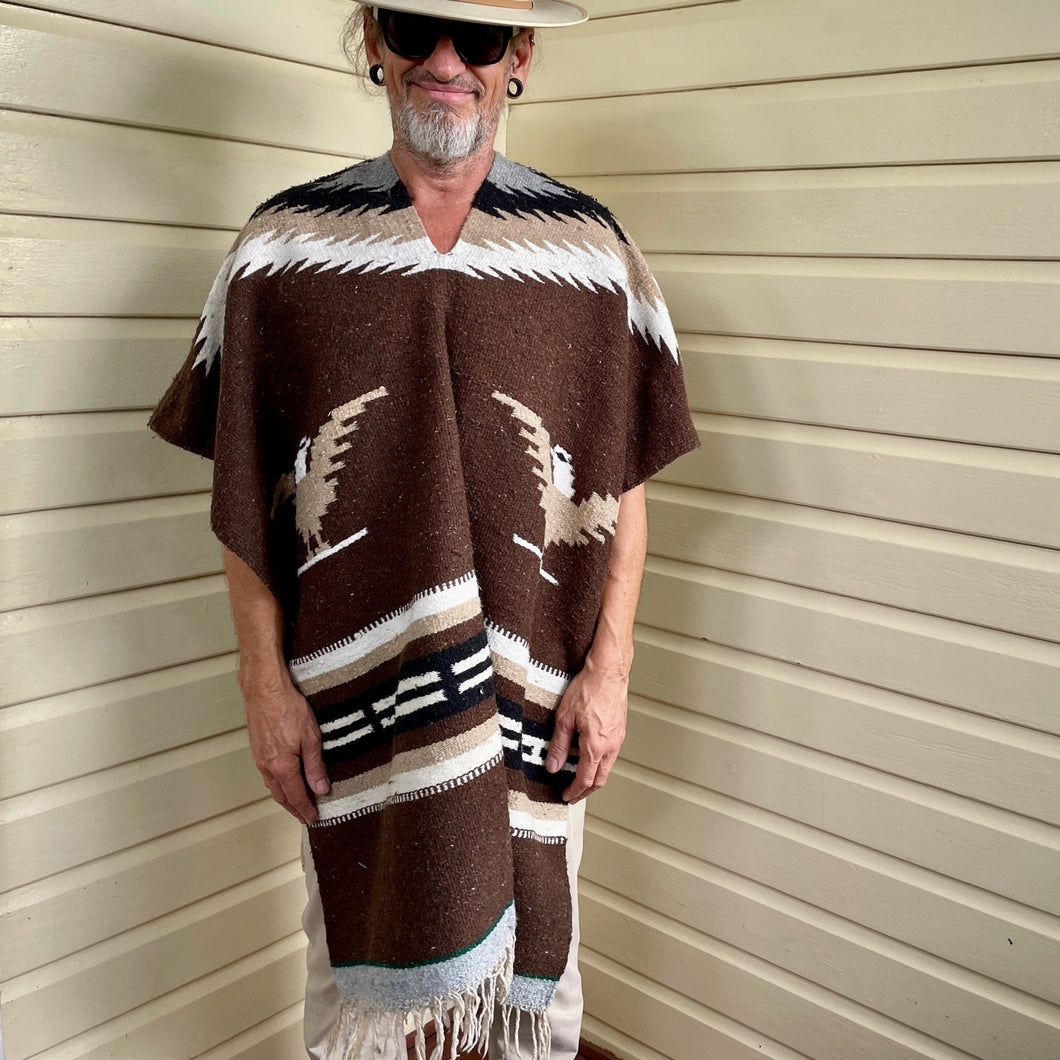 1970's Vintage Handmade Unisex Wool Poncho Black Brown Tan Aztec Eagle One Size - OOAK - Phoenix Menswear