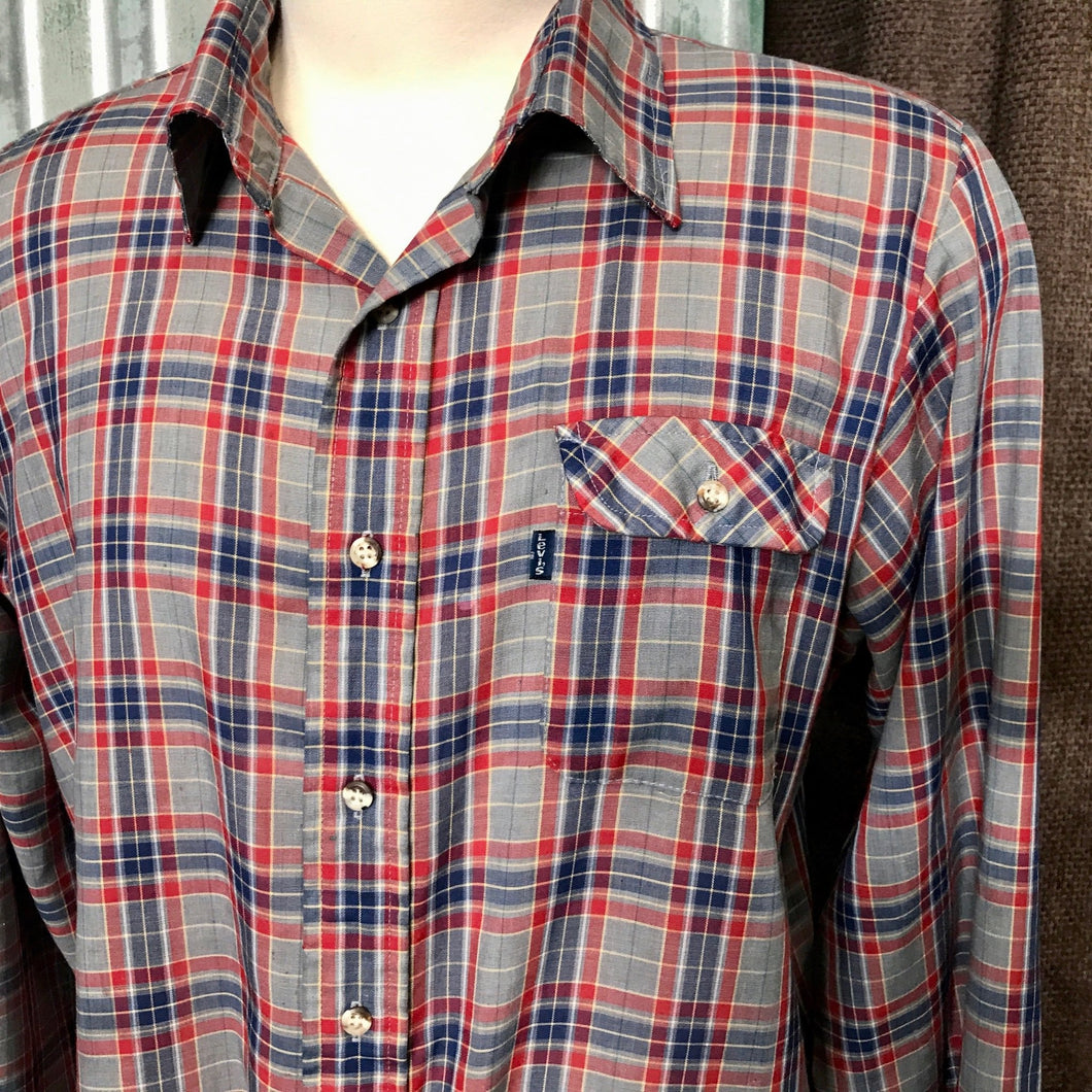 1970's Vintage Western Grey Navy Red Check L/S Shirt Sz L/XL