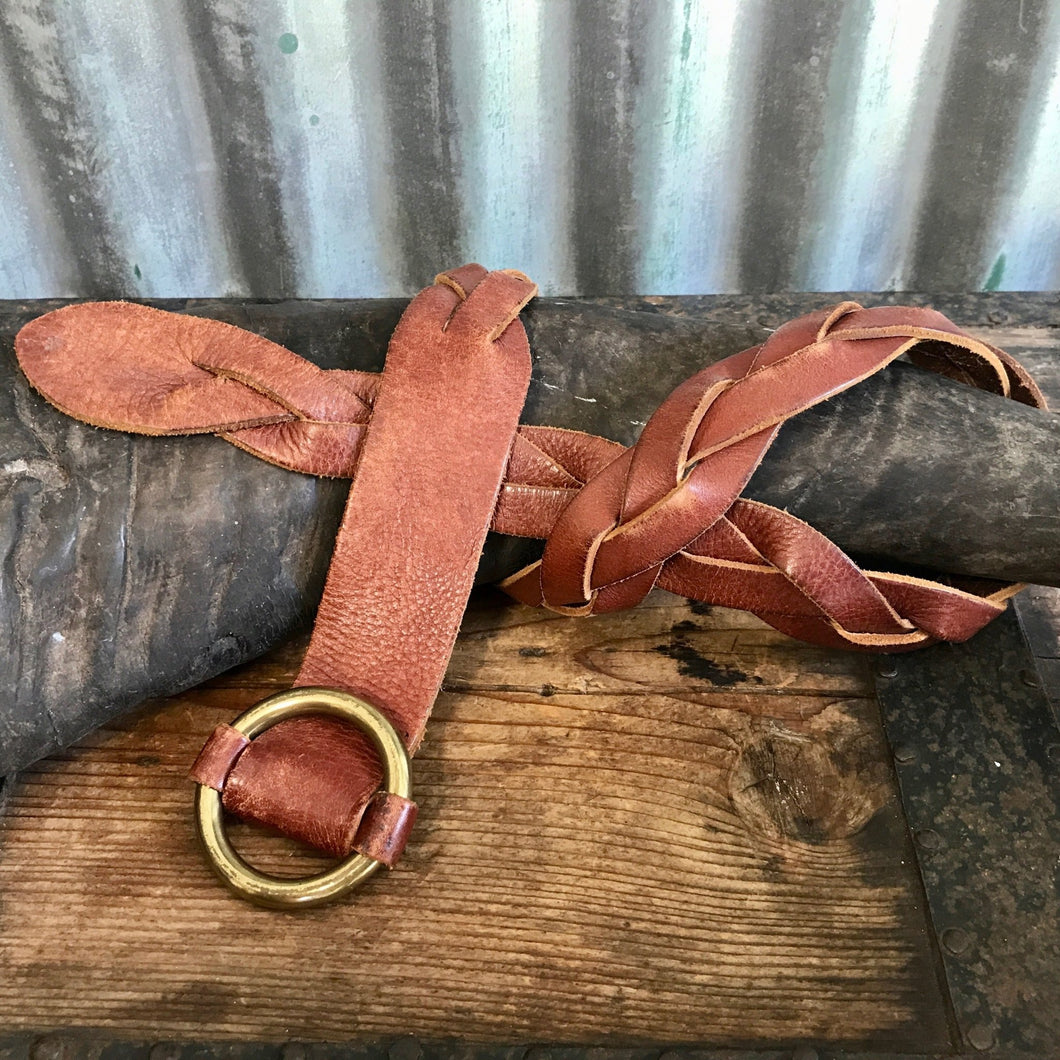 Vintage Leather Belt With Brass Buckle, 1970s Brown Leather Belt