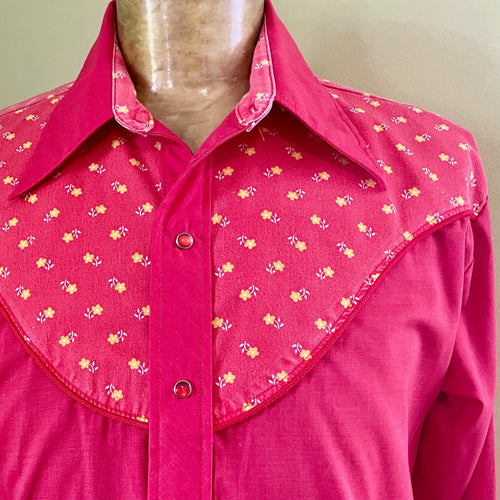 1970's Vintage Red Yellow Floral Western L/S Shirt Piping Pearl Snap Buttons Sz XL - OOAK - Phoenix Menswear