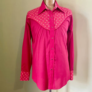 1970's Vintage Red Yellow Floral Western L/S Shirt Piping Pearl Snap Buttons Sz XL - OOAK - Phoenix Menswear