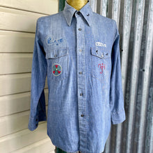 Load image into Gallery viewer, 1970&#39;s Vintage Hand Embroidered Blue Denim L/S Shirt Pockets Cotton Chicago Jesus Aeroplane Sz M - OOAK - Phoenix Menswear
