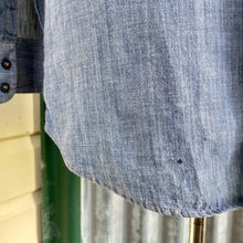 Load image into Gallery viewer, 1970&#39;s Vintage Hand Embroidered Blue Denim L/S Shirt Pockets Cotton Chicago Jesus Aeroplane Sz M - OOAK - Phoenix Menswear
