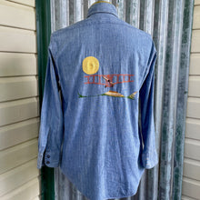 Load image into Gallery viewer, 1970&#39;s Vintage Hand Embroidered Blue Denim L/S Shirt Pockets Cotton Chicago Jesus Aeroplane Sz M - OOAK - Phoenix Menswear
