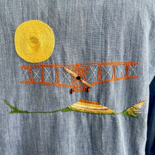 Load image into Gallery viewer, 1970&#39;s Vintage Hand Embroidered Blue Denim L/S Shirt Pockets Cotton Chicago Jesus Aeroplane Sz M - OOAK - Phoenix Menswear