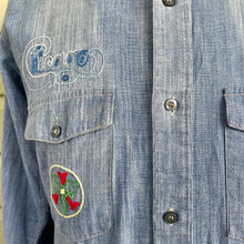 Load image into Gallery viewer, 1970&#39;s Vintage Hand Embroidered Blue Denim L/S Shirt Pockets Cotton Chicago Jesus Aeroplane Sz M - OOAK - Phoenix Menswear