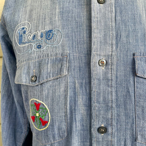1970's Vintage Hand Embroidered Blue Denim L/S Shirt Pockets Cotton Chicago Jesus Aeroplane Sz M - OOAK - Phoenix Menswear