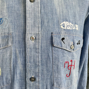 1970's Vintage Hand Embroidered Blue Denim L/S Shirt Pockets Cotton Chicago Jesus Aeroplane Sz M - OOAK - Phoenix Menswear