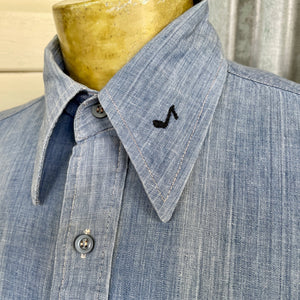1970's Vintage Hand Embroidered Blue Denim L/S Shirt Pockets Cotton Chicago Jesus Aeroplane Sz M - OOAK - Phoenix Menswear
