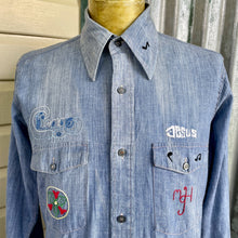 Load image into Gallery viewer, 1970&#39;s Vintage Hand Embroidered Blue Denim L/S Shirt Pockets Cotton Chicago Jesus Aeroplane Sz M - OOAK - Phoenix Menswear