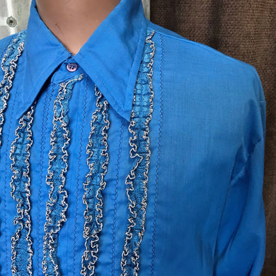 1970'sVintage Blue Dress Shirt with Ruffle L/S Sz XXL - OOAK - Phoenix Menswear
