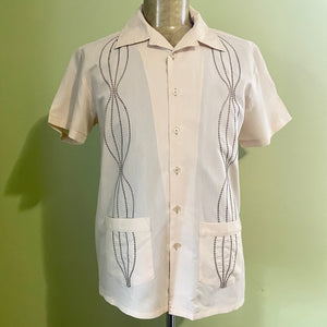1970s Vintage Cream & Brown Embroidered Guayabera S/S Shirt Pockets Sz S - OOAK - Phoenix Menswear