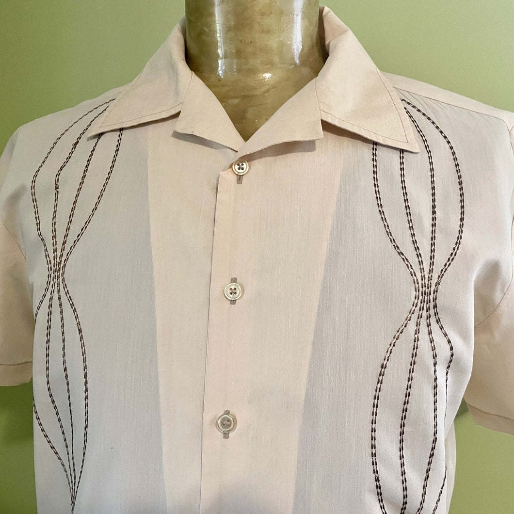 1970s Vintage Cream & Brown Embroidered Guayabera S/S Shirt Pockets Sz S - OOAK - Phoenix Menswear