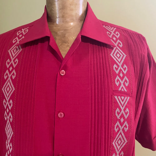 1970s Vintage Red Linen Embroidered Guayabera S/S Shirt Pockets Sz XXL - OOAK - Phoenix Menswear