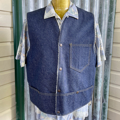 1970s Vintage Blue Denim Vest Sherpa Lining Snaps Sz XL - OOAK - Phoenix Menswear