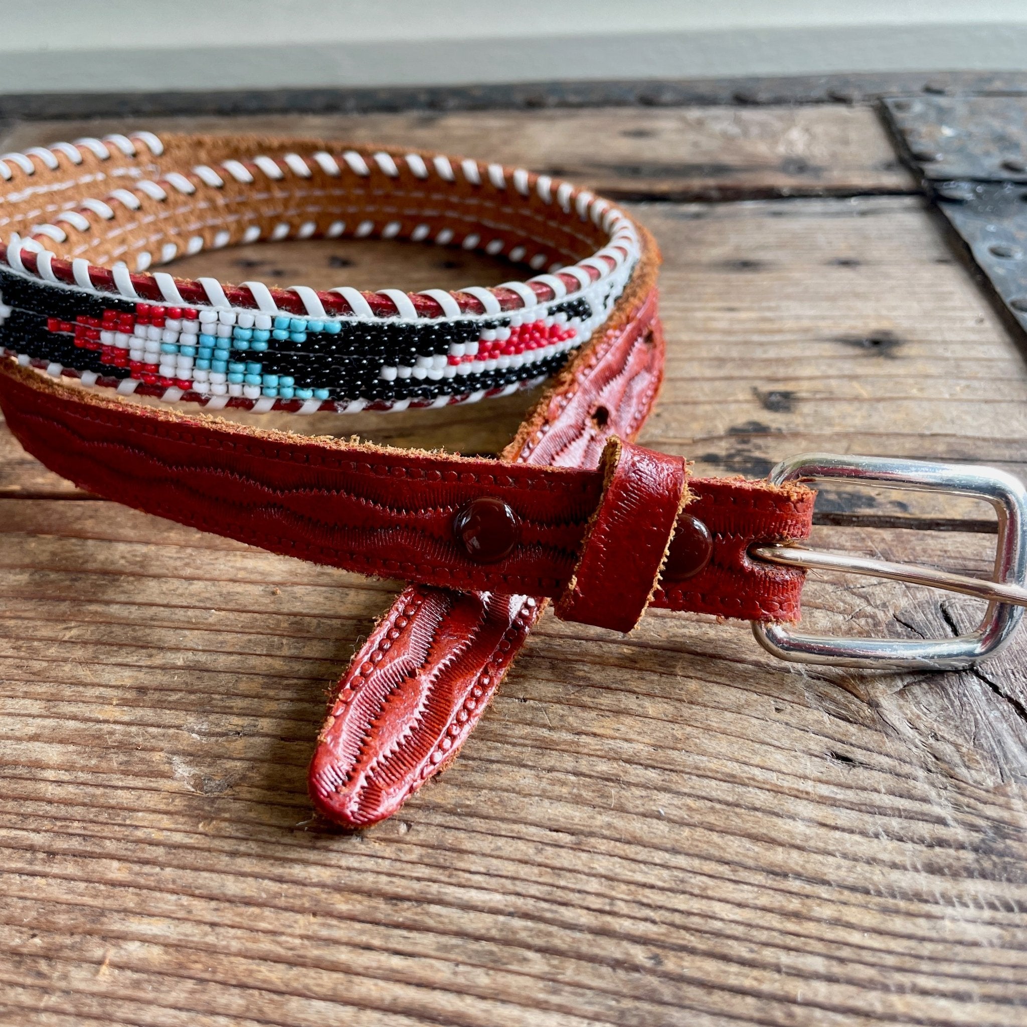 1970's Vintage Beaded Handmade Aztec Leather Belt Brown Turquoise