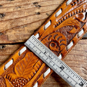 1970's Vintage Personalised 'TERRY' Handmade Tan Leather Belt Embossed Removable Buckle Brass Stone Sz L - OOAK - Phoenix Menswear