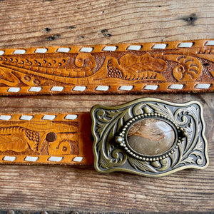1970's Vintage Personalised 'TERRY' Handmade Tan Leather Belt Embossed Removable Buckle Brass Stone Sz L - OOAK - Phoenix Menswear