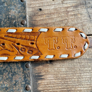 1970's Vintage Personalised 'TERRY' Handmade Tan Leather Belt Embossed Removable Buckle Brass Stone Sz L - OOAK - Phoenix Menswear