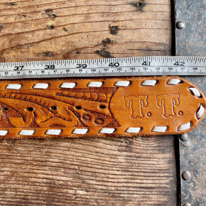 1970's Vintage Personalised 'TERRY' Handmade Tan Leather Belt Embossed Removable Buckle Brass Stone Sz L - OOAK - Phoenix Menswear