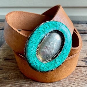 1970's Vintage Handmade Tan Leather Belt Removable Buckle Brass Turquoise Sz S - OOAK - Phoenix Menswear