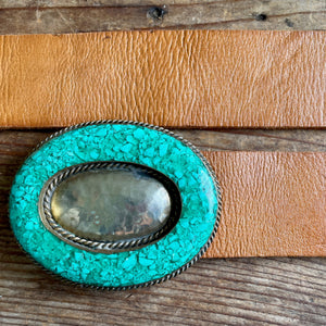 1970's Vintage Handmade Tan Leather Belt Removable Buckle Brass Turquoise Sz S - OOAK - Phoenix Menswear
