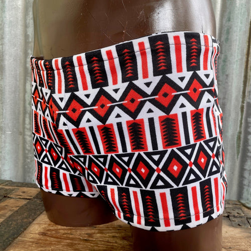 1970s Men's Vintage Swimming Trunks Retro Black Red White Geometric Abstract Print Sz M / L - OOAK - Phoenix Menswear